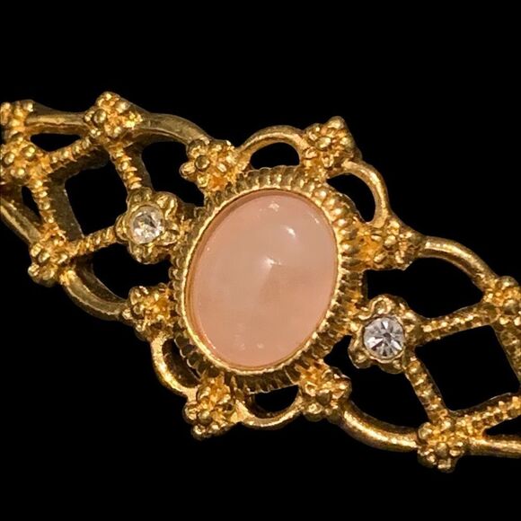 Vintage Avon gold filigree faux coral crystal floral double link bracelet 6.5” - Picture 2 of 8